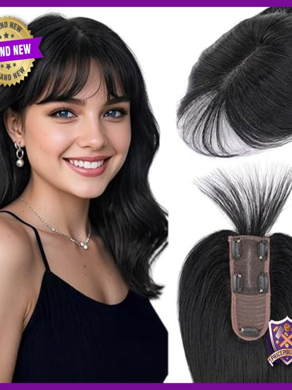 Human Hair Topper with Wispy Bangs, 10 Inch, Clip On Hairpiece for Women